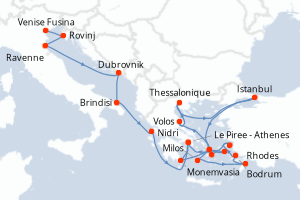 Carte de l'itinéraire de croisière Venise Fusina-Le Piree - Athenes d'une durée de 21 jours