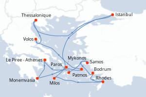 Carte de l'itinéraire de croisière Le Piree - Athenes-Le Piree - Athenes d'une durée de 14 jours