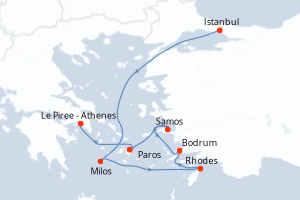 Carte de l'itinéraire de croisière Istanbul-Le Piree - Athenes d'une durée de 7 jours