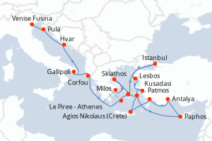 carte itinéraire croisière Méditerranée 22 jours au départ du port de Le Piree - Athenes