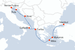 carte itinéraire croisière Méditerranée 10 jours au départ du port de Istanbul