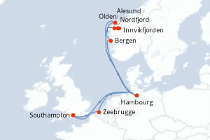 carte itinéraire croisière Fjörds norvégiens 11 jours au départ du port de Southampton