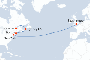 carte itinéraire croisière Amérique du Nord 15 jours au départ du port de Southampton