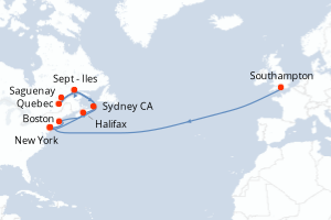 carte itinéraire croisière Transatlantique 22 jours au départ du port de Southampton