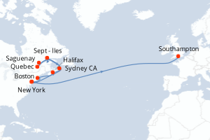 Carte de l'itinéraire de croisière New York-Southampton d'une durée de 22 jours