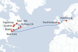 carte itinéraire croisière Transatlantique 24 jours au départ du port de New York
