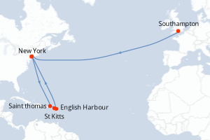 carte itinéraire croisière Transatlantique 18 jours au départ du port de Southampton