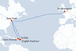 carte itinéraire croisière Transatlantique 18 jours au départ du port de New York