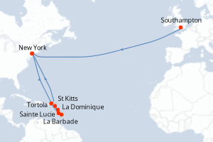 carte itinéraire croisière Transatlantique 21 jours au départ du port de Southampton