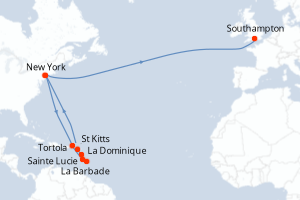 carte itinéraire croisière Transatlantique 23 jours au départ du port de New York