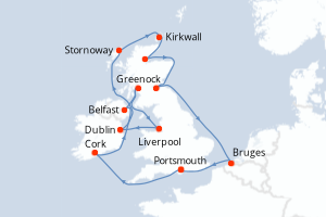 carte itinéraire croisière Atlantique 14 jours au départ du port de Portsmouth