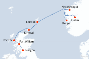 Carte de l'itinéraire de croisière Glasgow-Bergen d'une durée de 7 jours