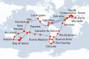 Carte de l'itinéraire de croisière Civitavecchia - Rome-Civitavecchia - Rome d'une durée de 121 jours