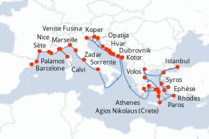 carte itinéraire croisière Méditerranée 44 jours au départ du port de Barcelone