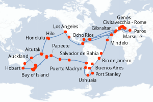carte itinéraire croisière Méditerranée 121 jours au départ du port de Civitavecchia - Rome