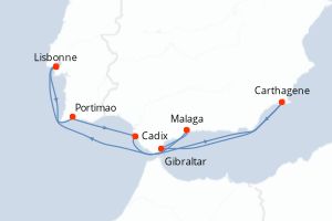 carte itinéraire croisière Atlantique 10 jours au départ du port de Lisbonne
