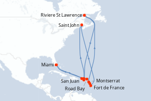 Carte de l'itinéraire de croisière Miami-Miami d'une durée de 14 jours