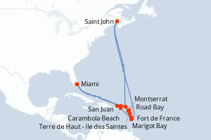 Carte de l'itinéraire de croisière Miami-Miami d'une durée de 16 jours