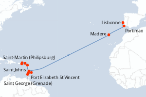 carte itinéraire croisière Transatlantique 19 jours au départ du port de Saint-Martin (Philipsburg)