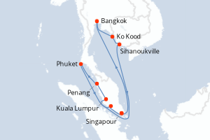 Carte de l'itinéraire de croisière Singapour-Singapour d'une durée de 14 jours