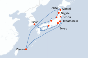 carte itinéraire croisière Asie 14 jours au départ du port de Tokyo