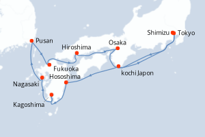 Carte itinéraire croisière Japon - 14 jours au départ de Tokyo - Asie
