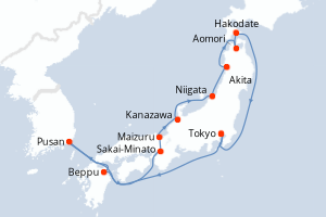 Carte itinéraire croisière Japon - 14 jours au départ de Tokyo - Asie