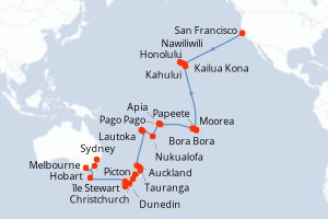 carte itinéraire croisière Australie Nouvelle Zélande 48 jours au départ du port de San Francisco