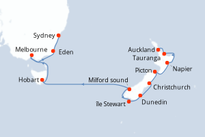 Carte itinéraire croisière Nouvelle-Zélande, Australie - 15 jours au départ de Auckland - Australie Nouvelle Zélande