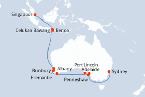 Carte de l'itinéraire de croisière Sydney-Singapour d'une durée de 20 jours
