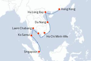 Carte de l'itinéraire de croisière Singapour-Hong Kong d'une durée de 19 jours