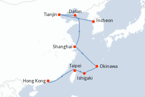 Carte de l'itinéraire de croisière Hong Kong-Incheon d'une durée de 14 jours