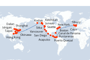 Carte itinéraire croisière Chine, Taïwan, Japon, Corée du Sud, États-Unis, Canada, Mexique, Guatemala, Salvador, Costa Rica, Panama, Colombie, Irlande, Royaume-Uni, France - 87 jours au départ de Hong Kong - Europe du Nord