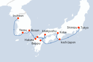 carte itinéraire croisière Asie 14 jours au départ du port de Incheon