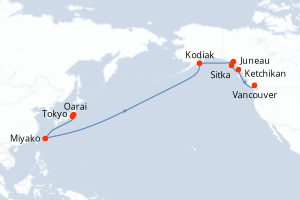 carte itinéraire croisière Alaska 17 jours au départ du port de Tokyo
