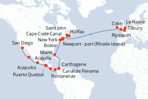 carte itinéraire croisière Transatlantique 35 jours au départ du port de San Diego