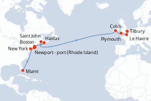 carte itinéraire croisière Transatlantique 18 jours au départ du port de Miami