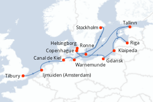 Carte de l'itinéraire de croisière Tilbury-Copenhague d'une durée de 14 jours