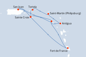 Carte de l'itinéraire de croisière San Juan-San Juan d'une durée de 7 jours