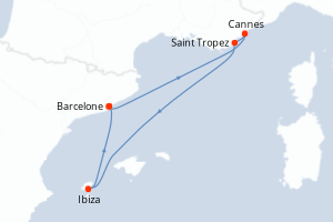 Carte de l'itinéraire de croisière Barcelone-Barcelone d'une durée de 7 jours