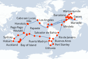 carte itinéraire croisière Europe du Nord 132 jours au départ du port de Genes
