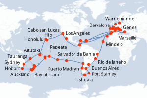 carte itinéraire croisière Europe du Nord 132 jours au départ du port de Genes