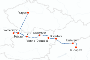 Carte de l'itinéraire de croisière Prague-Budapest d'une durée de 10 jours