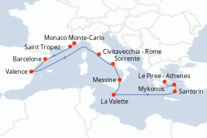carte itinéraire croisière Sicile 12 jours au départ du port de Le Piree - Athenes