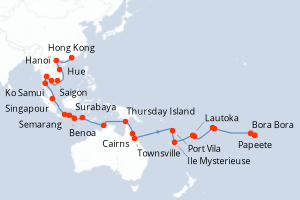 carte itinéraire croisière Tahiti 45 jours au départ du port de Hong Kong