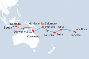 carte itinéraire croisière Asie 24 jours au départ du port de Papeete