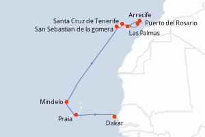 Carte de l'itinéraire de croisière Las Palmas-Dakar d'une durée de 10 jours