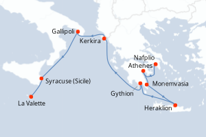 Carte de l'itinéraire de croisière Le Piree - Athenes-La Valette d'une durée de 8 jours