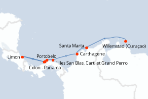 Carte de l'itinéraire de croisière Willemstad (Curaçao)-Colon - Panama d'une durée de 9 jours