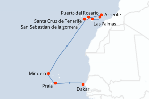 Carte de l'itinéraire de croisière Las Palmas-Dakar d'une durée de 10 jours